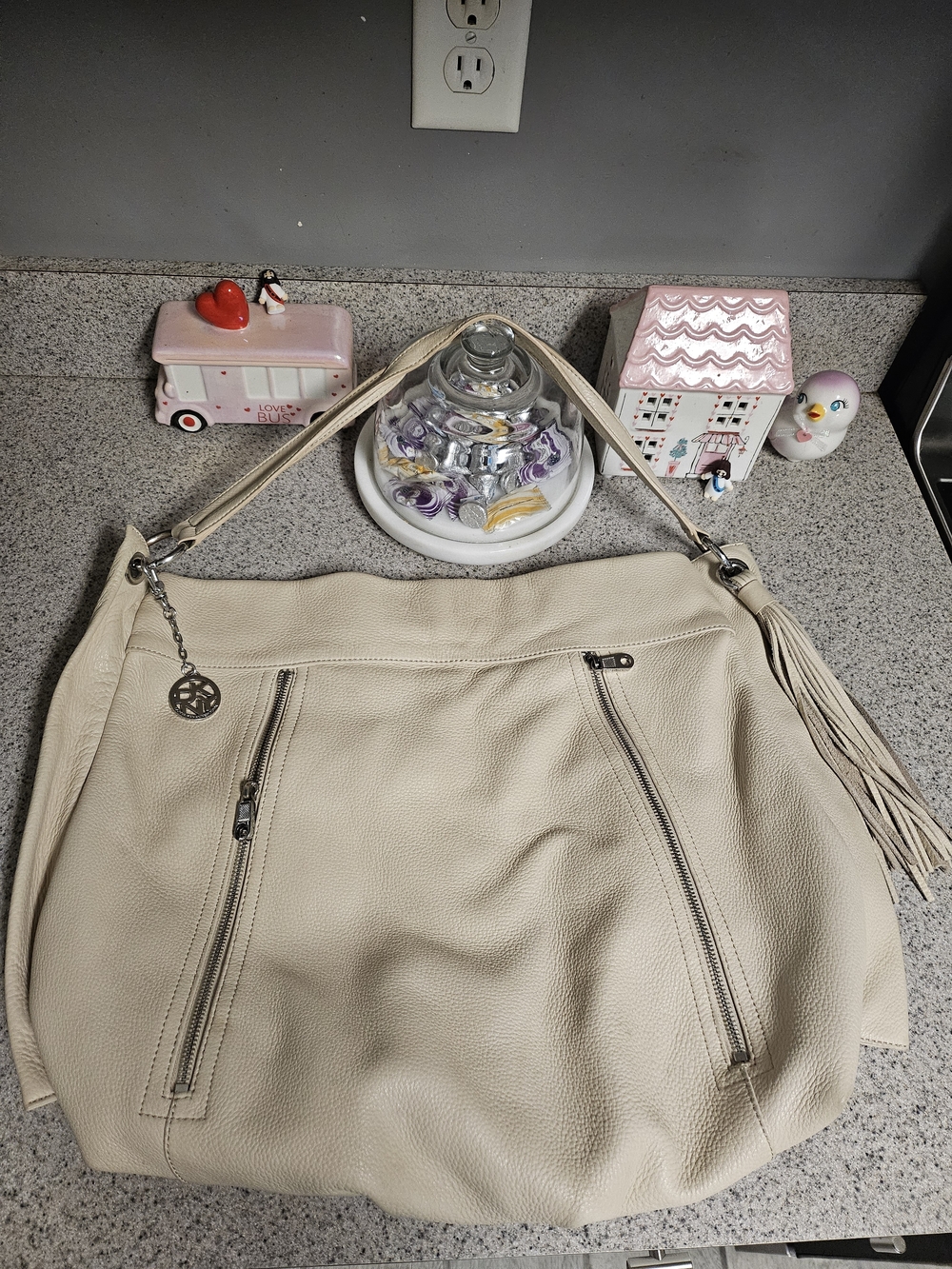 DKNYC Cream Pebbled Leather Hobo with Tassel